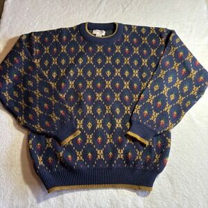 Vintage Windridge Mens L Navy Acrylic Sweater Geometric Pattern Crew Neck